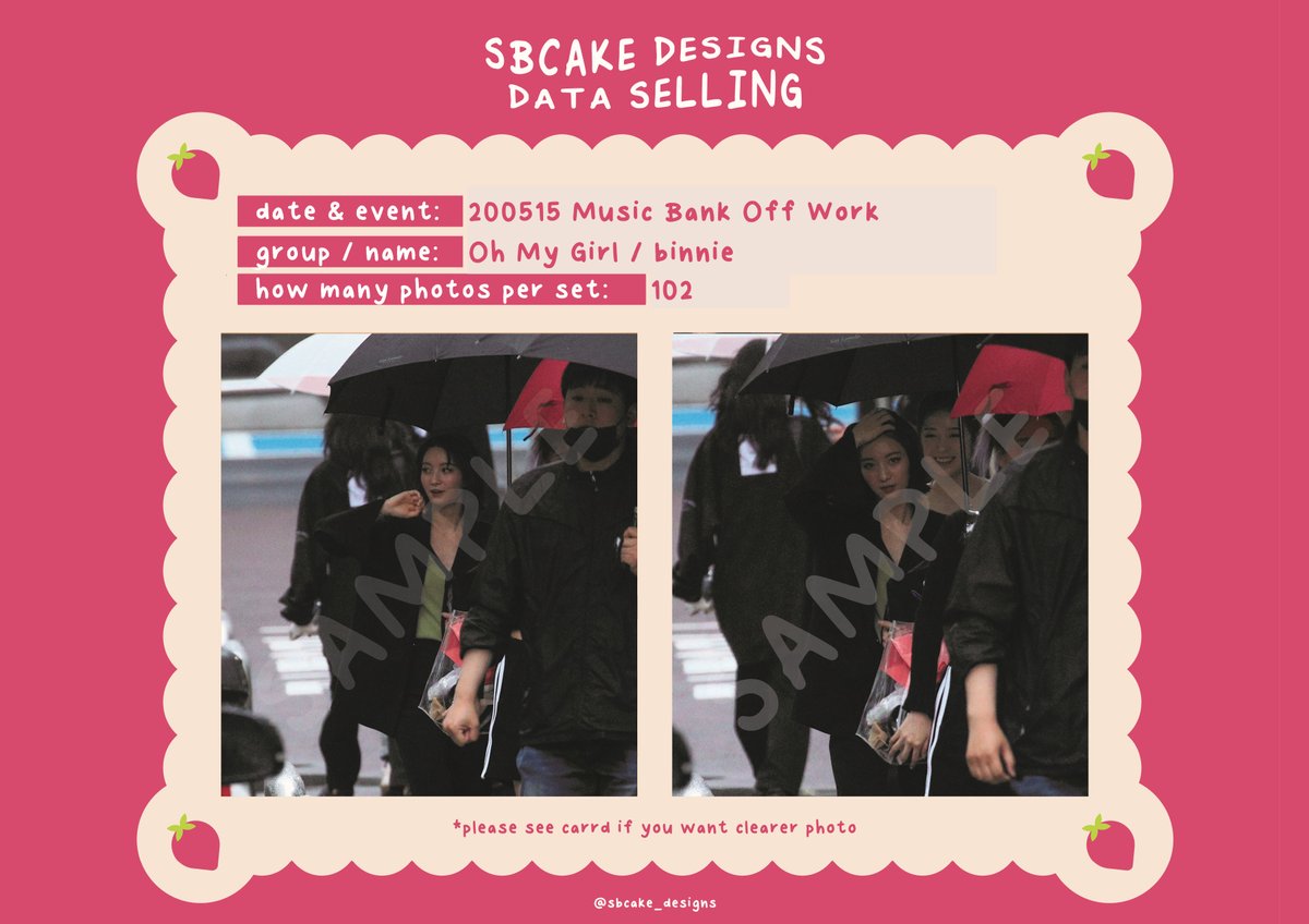 sbcake_designs's tweet photo. ↷ Data Sale! #OHMYGIRL ↶

➸ 200515 Music Bank Off Work
#Arin ($20)
#Hyojung ($20)
#Binnie ($20)
#Mimi &amp; #Seunghee ($35)

!! all for 70 SGD / USD !!

⤷  https://t.co/aHHt4mkPz1

#데이터 #대리찍사 #댈찍 #데이터 #DATA #오마이걸 #효정 #미미 #승희 #비니 #아린 https://t.co/g4TMZEYf9b