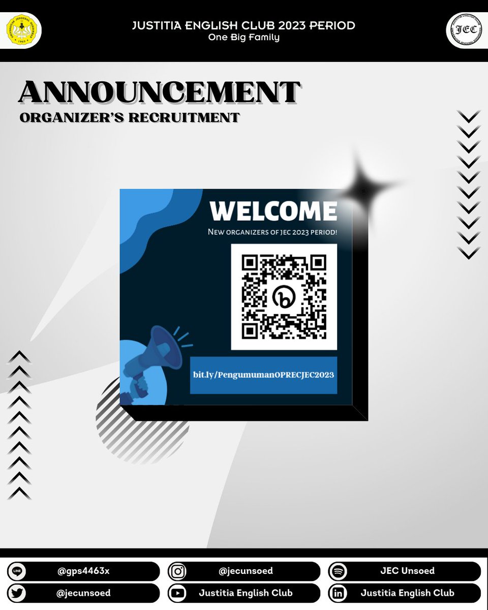 Congratulations to all selected applicants of JEC's Organizer 2023 Recruitment!

And we would like to say thank you for all applicants in this recruitment, you guys already did the best! Keep the spirit up!💪🏻🌟✨

Justitia English Club?
ONE BIG FAMILY!

#jecunsoed