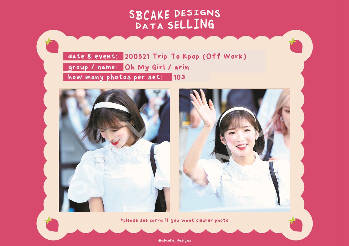 sbcake_designs's tweet photo. ↷ Data Sale! #OHMYGIRL ↶  

➸ 200521 Trip To Kpop 
#Binnie (30 SGD / USD) 
#Arin (30 SGD / USD) 
#Hyoung (30 SGD / USD)

!! all for 75 SGD / USD !!  

⤷  https://t.co/p3ebSwKZsC 

#데이터 #대리찍사 #댈찍 #데이터 #DATA #오마이걸 #효정 #승희 #비니 #아린 https://t.co/6ppileacCJ