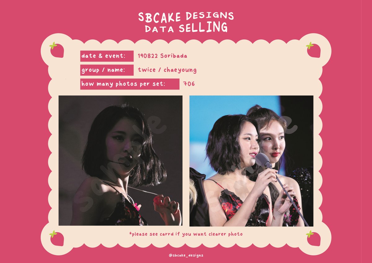 sbcake_designs's tweet photo. ↷ Data Sale! #TWICE ↶  

➸ 190822 Soribada (140 SGD / USD)  

⤷  https://t.co/rzYazw4qpJ 

#데이터 #대리찍사 #댈찍 #데이터 #DATA #오마이걸 #트와이스 #TWICE #Chaeyoung #손채영 https://t.co/YHXYy80D0d
