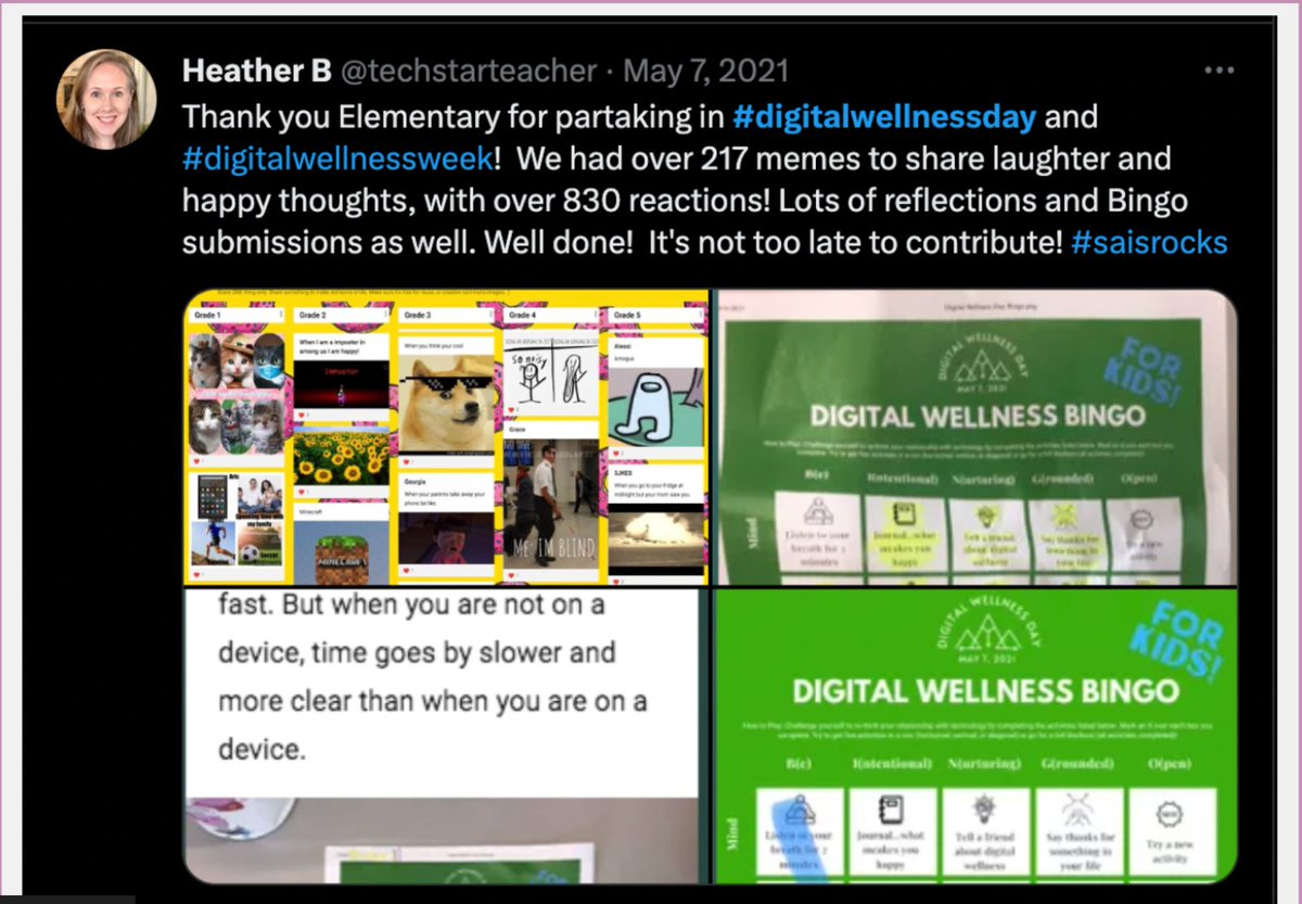 techhealthyfam's tweet photo. This was an amazing week in 2021! Hope to see weeks like this continuing in schools more regularly! Is your school participating this year? May 5th! #digitalwellnessweek #digitalwellness #digitalwellnessday https://t.co/OpprybhCVV