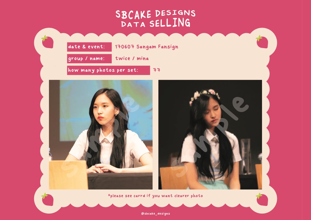 sbcake_designs's tweet photo. ↷ Data Sale! #TWICE ↶

➸ 170604 Noryangjin Fansign
#Chaeyoung (40 SGD / USD)

➸ 170607 Sangam Fansign
#Mina (40 SGD / USD)

!! both for 65 SGD / USD !!

 ⤷  https://t.co/rzYazw4qpJ

#데이터 #대리찍사 #댈찍 #데이터 #DATA #오마이걸 #트와이스 #TWICE #채영 #손채영 #미나 #南 https://t.co/OmnF80puS1