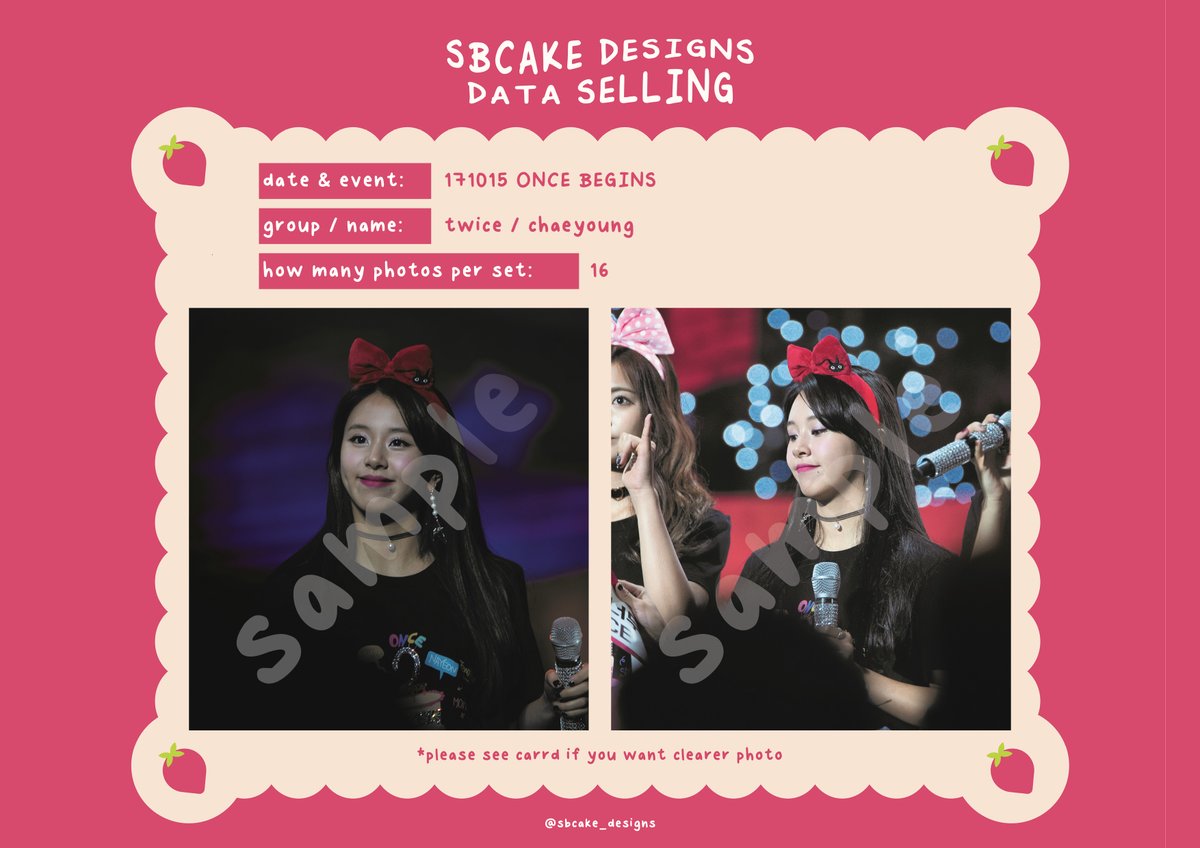 sbcake_designs's tweet photo. ↷ Data Sale! #TWICE ↶ 

➸ 171015 ONCE BEGINS
#Chaeyoung (20 SGD / USD)
#Mina (30 SGD / USD)  

!! all for 40 SGD / USD !!

⤷  https://t.co/rzYazw4qpJ 

#데이터 #대리찍사 #댈찍 #데이터 #DATA #오마이걸 #트와이스 #TWICE #채영 #Chaeyoung #손채영 #미나 #Mina #南 https://t.co/dDNgrewUBD