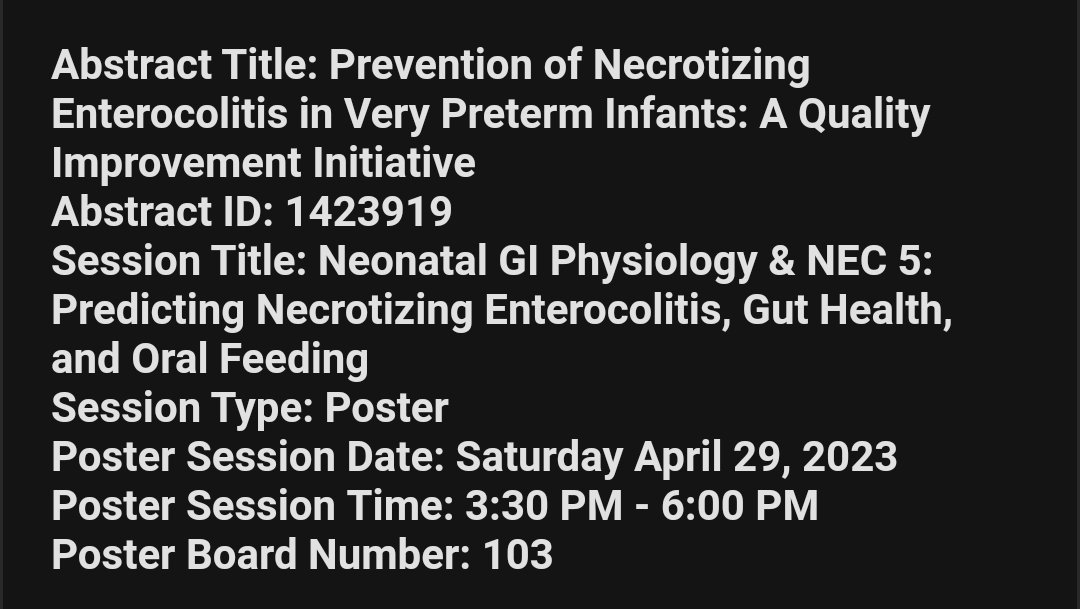 I'm going to PAS 🥳🥳 #PAS2023

Excited to present 🇨🇦 & 🇬🇧 work.
Find out if this 8 year 🇨🇦 QI project managed it's aim to reduce NEC to <2% in <33 weeks GA #neotwitter #preventNEC @BelalAlshaikh @NECsociety