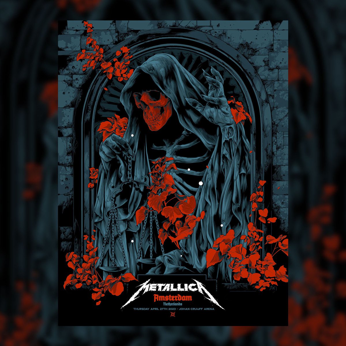 Metallica's tweet photo. 🇳🇱 TONIGHT IN AMSTERDAM 🇳🇱
Johan Cruijff ArenA

The #M72 World Tour kicks off tonight with our “No Repeat Weekend” here in Amsterdam! Stay tuned for updates on all the fun & games that we get up to during these first two shows, and share your experiences with the #M72Amsterdam hashtag.

Remember! No songs will be repeated over these next two shows. Any guesses as to what we’re going to open with tonight?

The posters from both shows are created by Ken Taylor and will only be available for purchase at the venue.

#Metallica #M72Amsterdam #MetOnTour