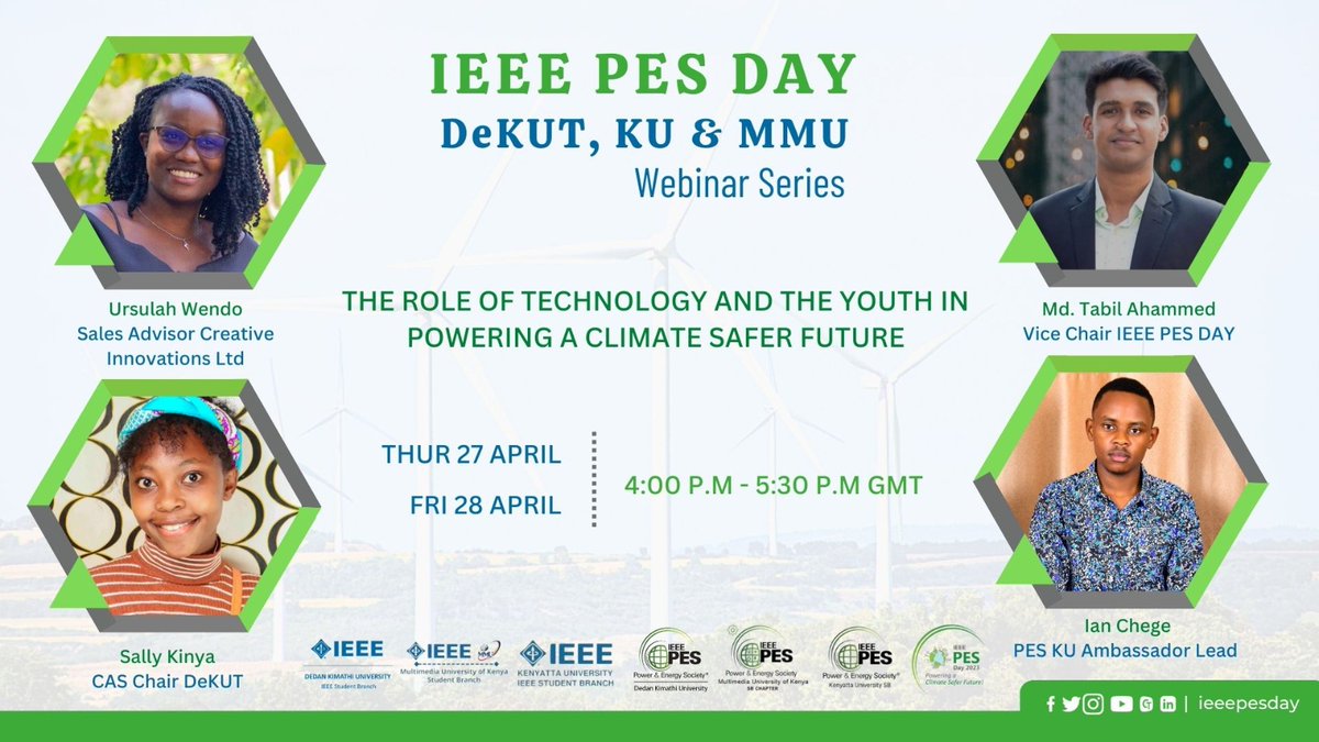IEEE PES DAY DEKUT, KU and MMU Webinar series starts today 

Time : 4:00 - 5:30 PM GMT || 7:00 - 8:30 PM EAT  

Joining link : meet.google.com/psg-tppe-xqc

See you there 🌍
#powering a climate safer future
#PesDay23 @IeeeDeKUT @IEEEorg @ieeepesday @IEEEPES_Kenya @IEEEKU