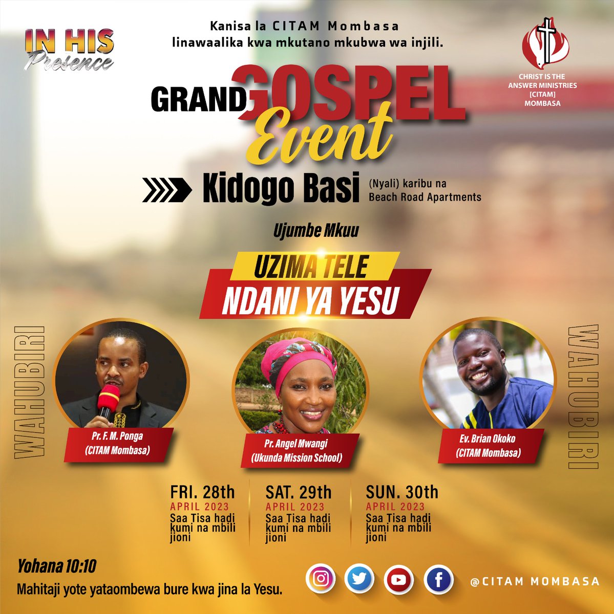 This coming Saturday at Nyali, Beach Road Apartments. Are you ready? Come join us as we preach the gospel of the Lord Jesus . Kuna uzima tele ndani ya Yesu!
<a href="/Jngochi/">Jotham Munene</a>
<a href="/FednarndPonga/">F. M. Ponga</a>
<a href="/malecheric/">Eric Maleche</a>
<a href="/Okoko_Njeka/">Oks-B-Njeka</a>
<a href="/klvnmulwa/">kelvin mulwa</a>
<a href="/UkundaSchool/">UKUNDA MISSIONS SCHOOL</a>
#InHisPresence #WhereChristIsOurAnchor