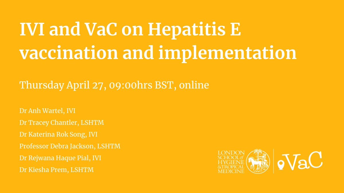 LSHTM_Vaccines's tweet image. 🚨1 hour to go!

Day 4 of #WIW starts at 9am BST with a joint webinar, co-hosted by @IVIHeadquarters, on Hepatitis E vaccination and implementation research

Make sure you join us to hear from a range of experts! ➡️ bit.ly/Day4WIW2023