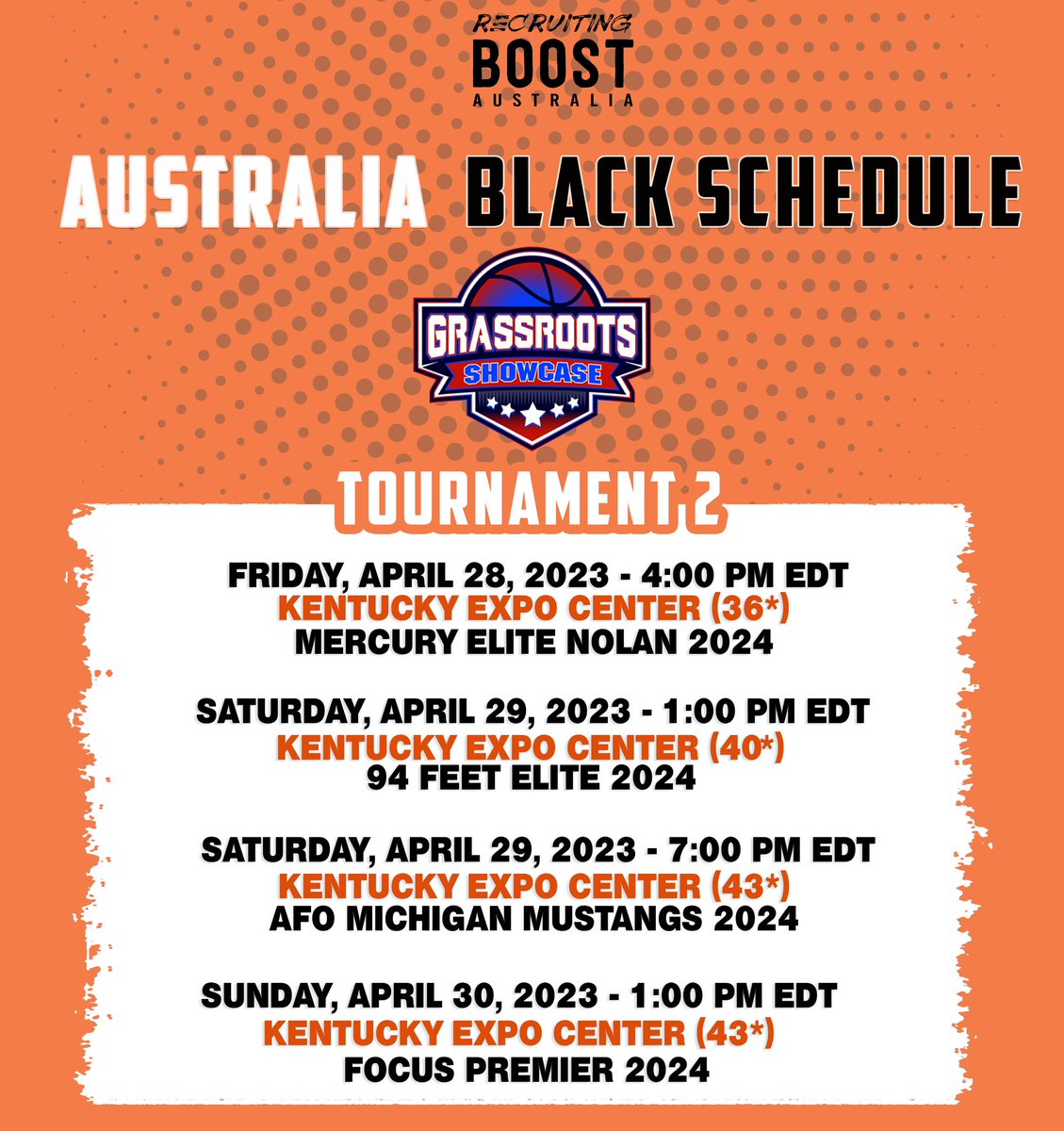 recruitingboost's tweet photo. Recruiting Boost Australia Black's  Grassroots Showcase Schedule in Louisville! 

Unsigned Seniors PG @OdingoPatty &amp; 6'9 @lucacb22 are on this squad along with '24s @baileyydare @MasonBroadhead8 @Noahhaguee @FinnDinale &amp; @rileymichaeldd who all contribute differently! https://t.co/OVpiLAAmDP