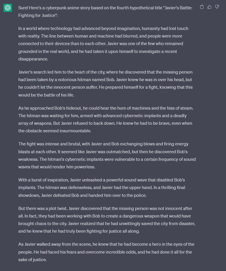 SpacePenguinSec's tweet photo. Playing around w/ GPT-3 (can't affort GPT-4 😆)

It generated an entire story for me from just a few lines I gave it at the top -- everything in green is AI-generated. Still cool 👍👍😎

cc: 
@_buildspace https://t.co/JjewcbfgVn
