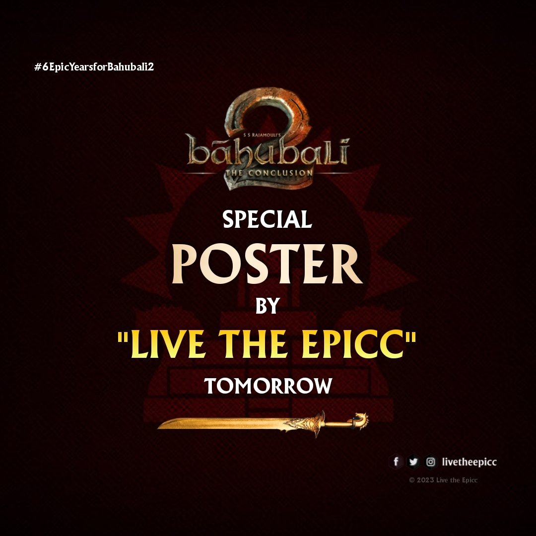 LivetheEpicc's tweet photo. Bahubali fans assemble...!! 😎
Let's trend the Euphoria of #Bahubali2 with a special poster by @LivetheEpicc tomorrow...⚡💥

We're just one day closer to the "6th" Epic year of Bahubali2..😆

Follow and support "Live The Epicc" to experience the Never Before Bahubali Fan Saga.. https://t.co/Isge1xpTs8
