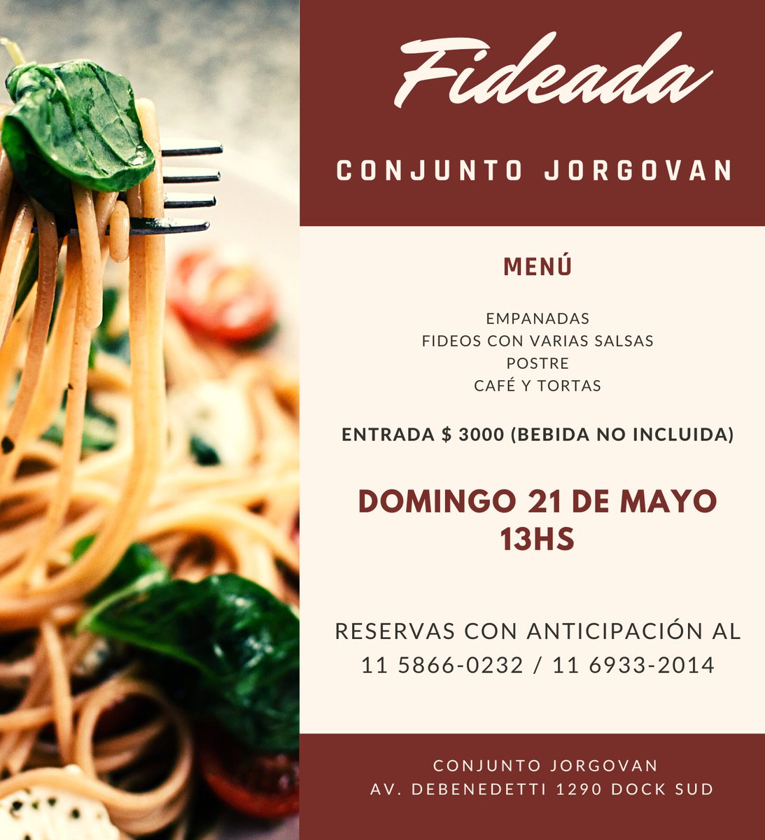 croatajorgovan's tweet photo. FIDEADA EN JORGOVAN - Domingo 21 de Mayo 13hs
Menú: Empanadas, Fideos con varias salsas, postre, café y tortas. Entrada $ 3000.- (Bebida no incluída) Reservas con anticipación al 11 5866-0232 / 11 6933-2014
Los esperamos! https://t.co/NHNCVVT5To