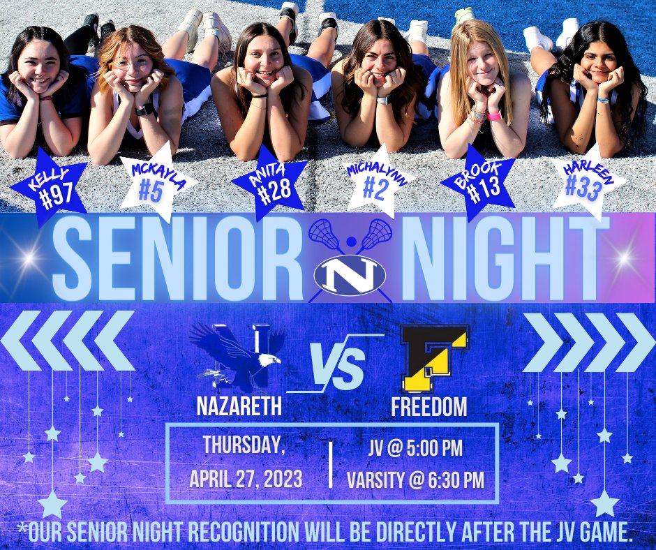 Tomorrow is the BIG night! Come on out to cheer on our six sensational Seniors and watch them play Freedom at home. Senior Night recognition will take place right after the JV game ends at approximately 6 pm. Hope to see you there!!! 🥍🦅🥍
#Letsgoblueeagles