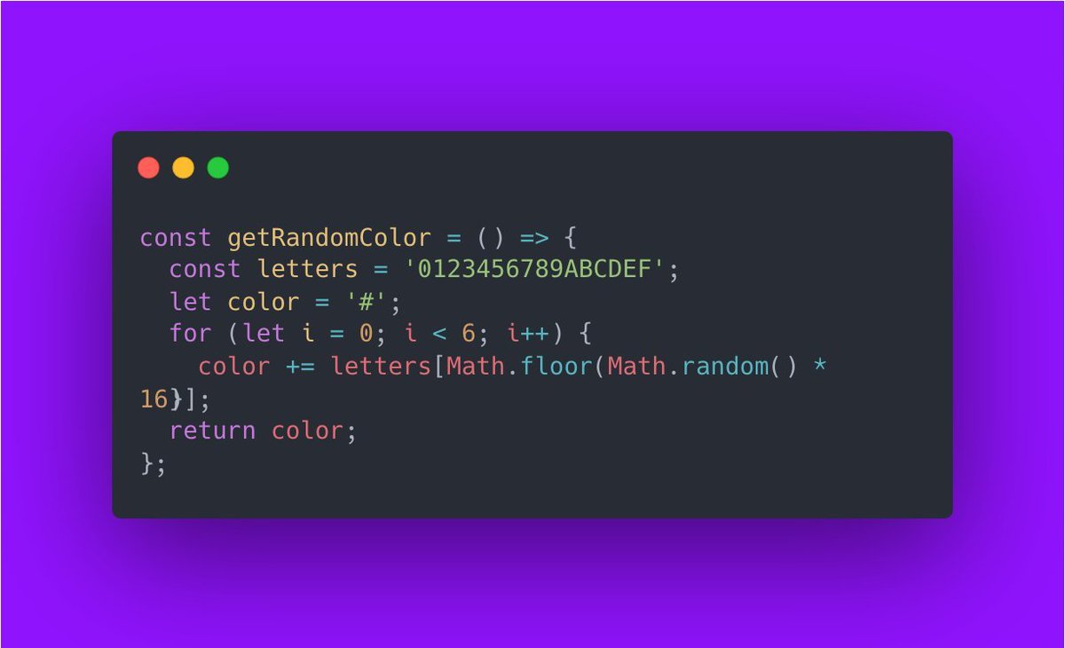 CodeSnippetHQ's tweet image. Random Color Generator
This code snippet generates a random hexadecimal color code. The hexadecimal system uses 16 digits, ranging from 0 to F, where F represents 15. By selecting random digits and concatenating them, we can generate a variety of colors.