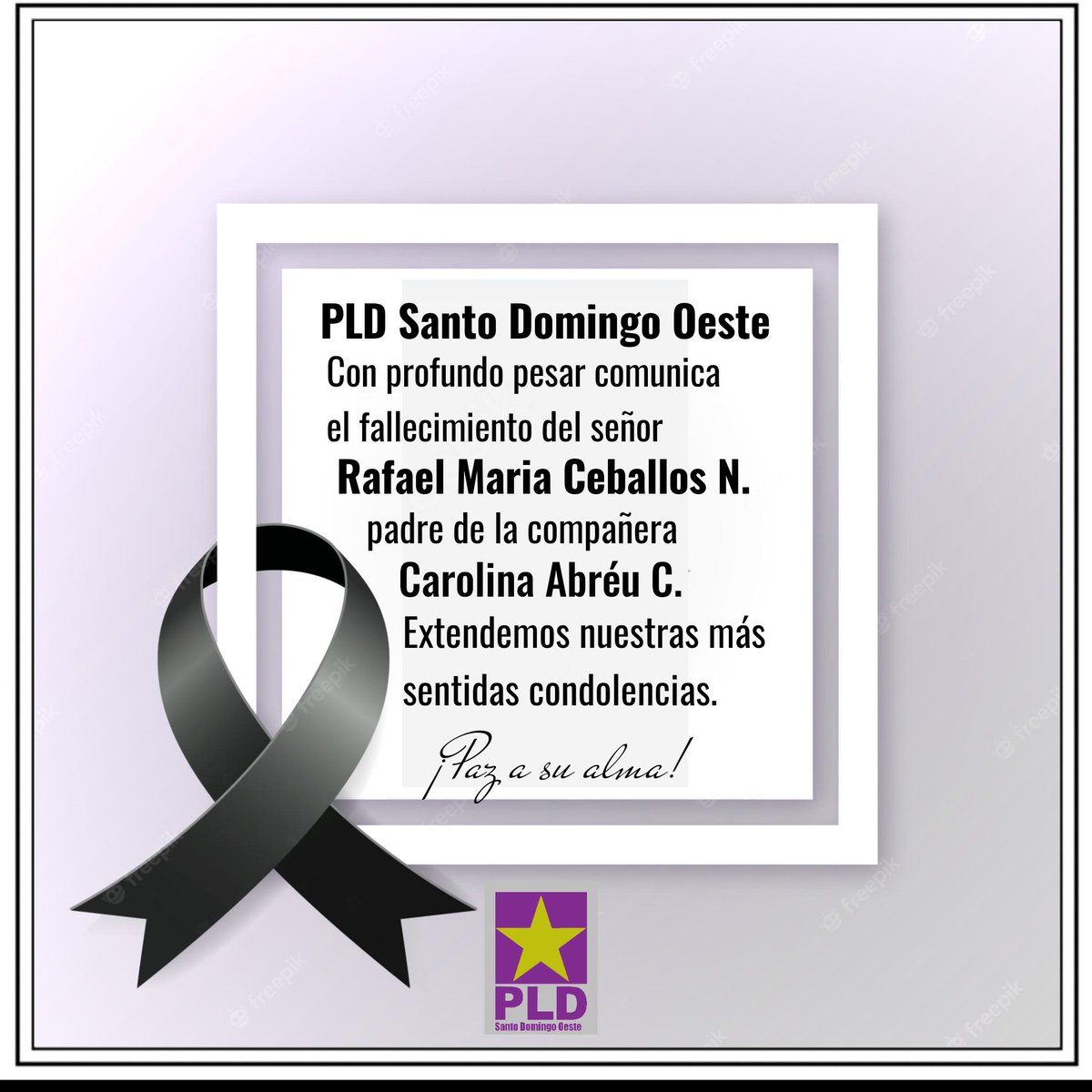 PLDSDO's tweet photo. #Luctuosa| El #PLDSantoDomingoOeste se une al dolor que embarga a la compañera @Carolina4abreu, por el sentido fallecimiento de su padre, Sr.Rafael M.Ceballos

Sus restos serán expuestos este jueves a las 12:00 p.m. en la Funeraria Blandino, Ave. Abraham Lincoln.

¡Paz a su alma! https://t.co/Ud02uvKox3