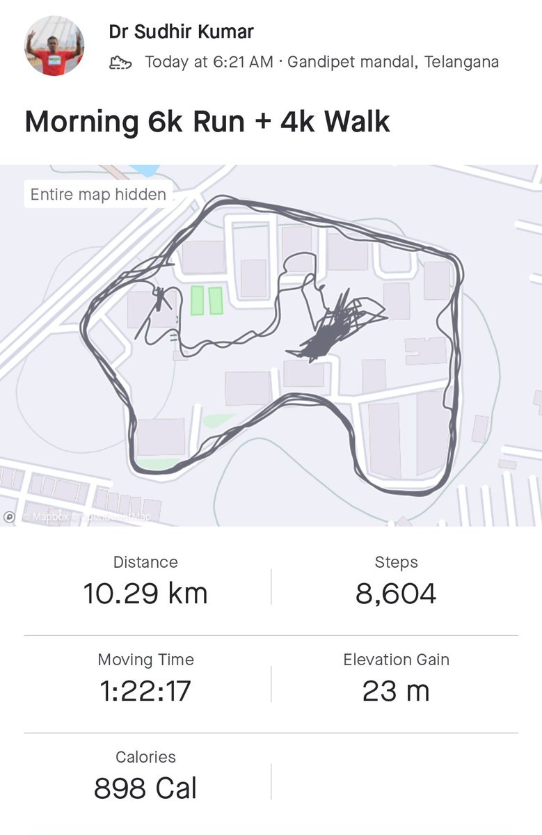 hyderabaddoctor's tweet photo. Morning 6k #run + 4 k #walk, followed by 30-minute #strengthTraining
#fitmess #running @FitIndiaOff https://t.co/RZ6ZsKQNER