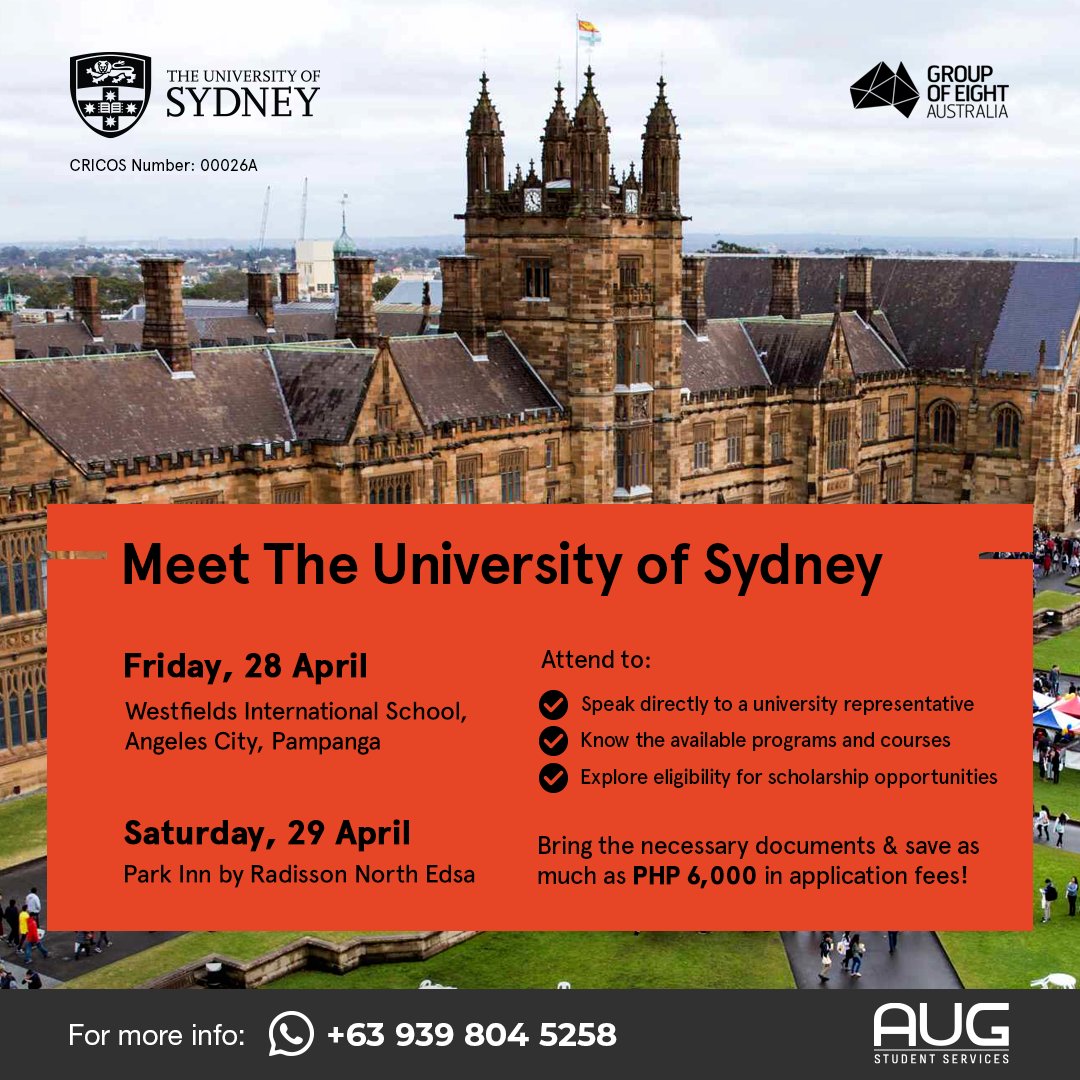 AUGPhilippines's tweet image. Scholarships for Filipino International Students in the University of Sydney! 

Want to know more? Meet them this April 28 &amp;amp; 29!

FREE ADMISSION FOR ALL! REGISTER NOW!
APRIL 28: GoStudyAbroadRoadshow.eventbrite.com
APRIL 29:
APR2023Fair.eventbrite.com/?aff=ads

See you!

#GoStudyAbroad #FreeProcessing