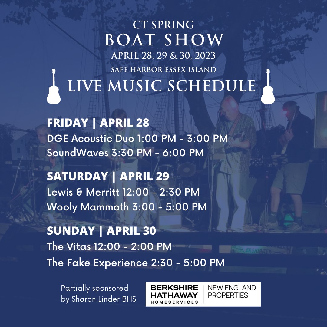 CSpringBoatShow's tweet photo. Enjoy LIVE MUSIC at the CT Spring Boat Show! All 3 days on Safe Harbor Essex Island 🎶🎤 Purchase your tickets at https://t.co/q5xi2noh9U #ctspringboatshow2023 *Live music partially sponsored by Sharon Linder BHS* #ctvisit #ctlivemusic #ctevents #experienceessex #sailsup4cancer https://t.co/78yVjXjOhe