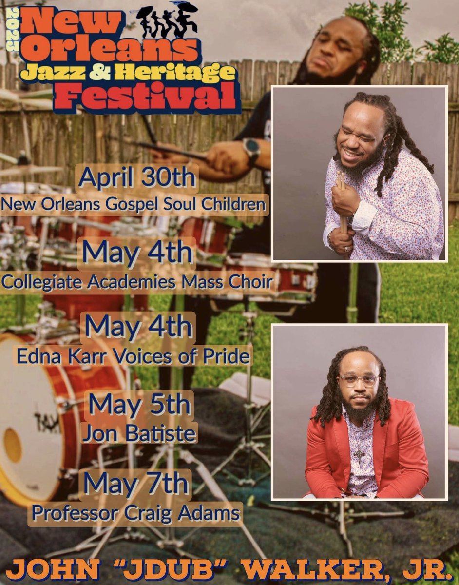 jdubmusic504's tweet photo. Catch ya boy at @jazzfest this year doing a few things. Either Iβm playing π₯, Directing ππΎ πΆ or singing π€. LETS GO!!! βπ½βοΈ
#jDub #nolajazzfest #NOLA #iPlay #iDirect #iSing https://t.co/M7RB4xwkSc