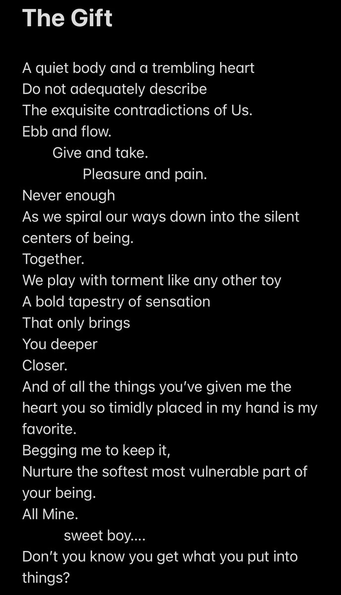 VelvetCream2's tweet photo. This first poem of ‘Dark Eros’ was more difficult to get out then others simply for how personal and emotional it was, the way it explores the dichotomy of a Domme being properly served.
It’s such a special state, allowing yourself to be soft because they are so soft for you. https://t.co/UqPelW85Za