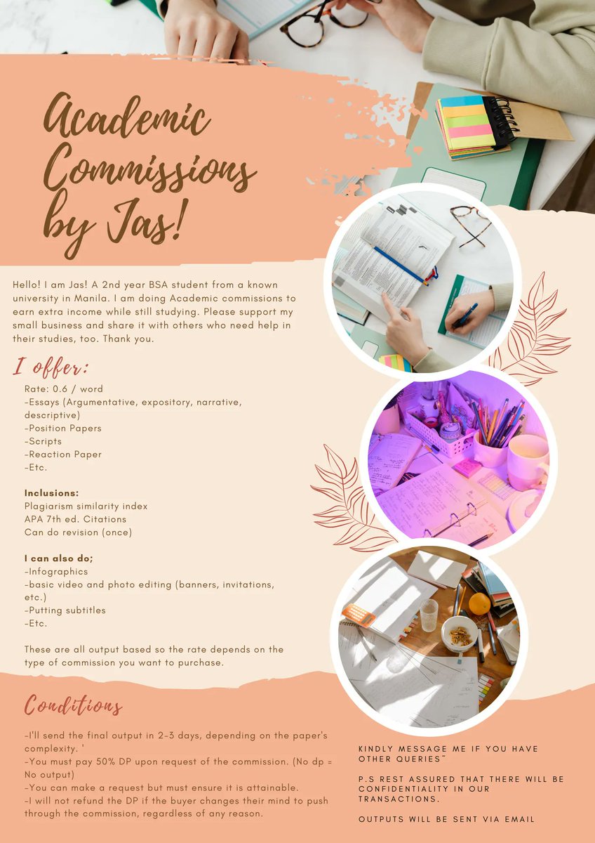 iamjaswrite's tweet photo. I offer academic commissions for a very affordable price. Rest assured that I only make high-quality outputs, and I will make them with your money's worth. ❤️

See the poster below for more details~

#AcademicCommission
#AcademicCommissionPH https://t.co/qYstBOhge5