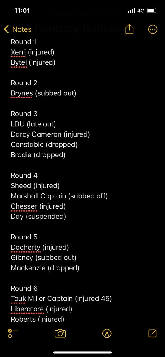 BormaDt's tweet photo. In 6 rounds of AFL Fantasy these are the injuries suspensions and droppings I’ve already had 🥰 Can only complain at this point with a 56k ranking #aflfantasy https://t.co/qTX4lbhvj7