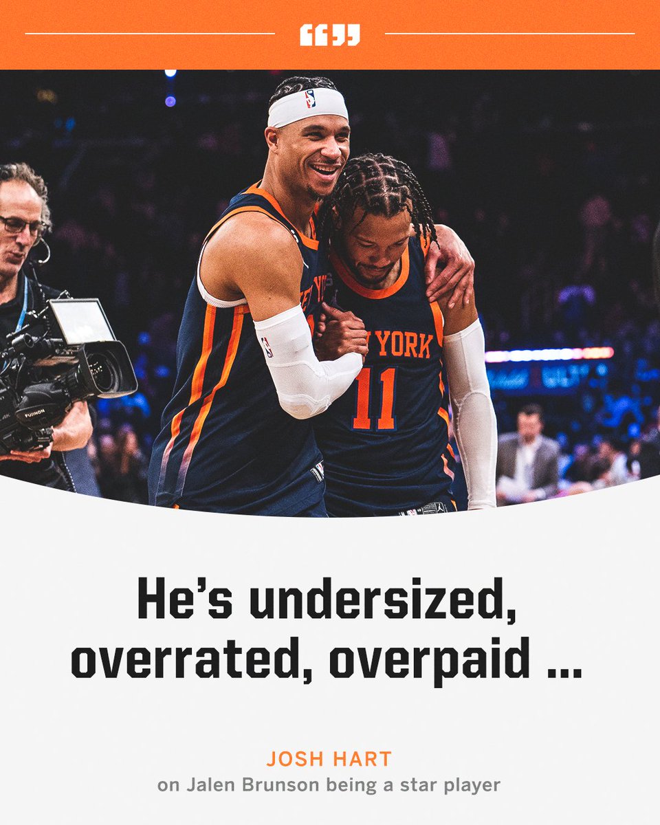 espn's tweet photo. Josh Hart got jokes for Jalen Brunson 🤣 https://t.co/QrY02ZETVN