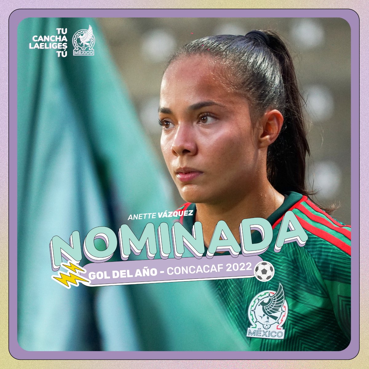 Miseleccionfem's tweet photo. ¡Todos a votar por @AnetteAVazquez! 🔥

Su gol en el Campeonato de Concacaf de 2022 está nominado a mejor del año. 🤩
➡️ https://t.co/ZSZPJPAppN

#TuCanchaLaEligesTú https://t.co/uRHg1AqpPm