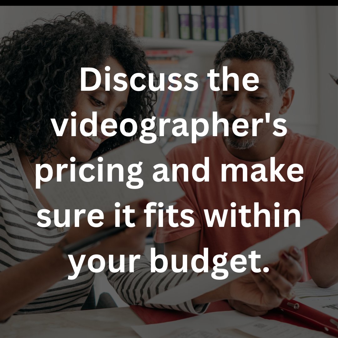 Discuss the videographer's pricing and make sure it fits within your budget.

#Wedding #WeddingDay #Bride #Groom #WeddingVideography #WeddingInspiration #WeddingIdeas #WeddingStyle #WeddingPlanning #WeddingCelebration #tips