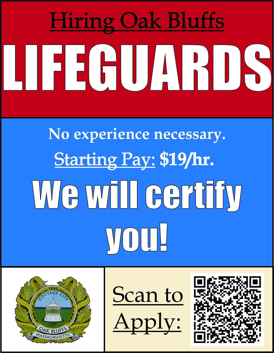 MT @MatthewORourke1: The #OakBluffs Parks Department is hiring Oceanfront Lifeguards. Starting rate $19/hr. No experience necessary- we will train you! #beach #jobs