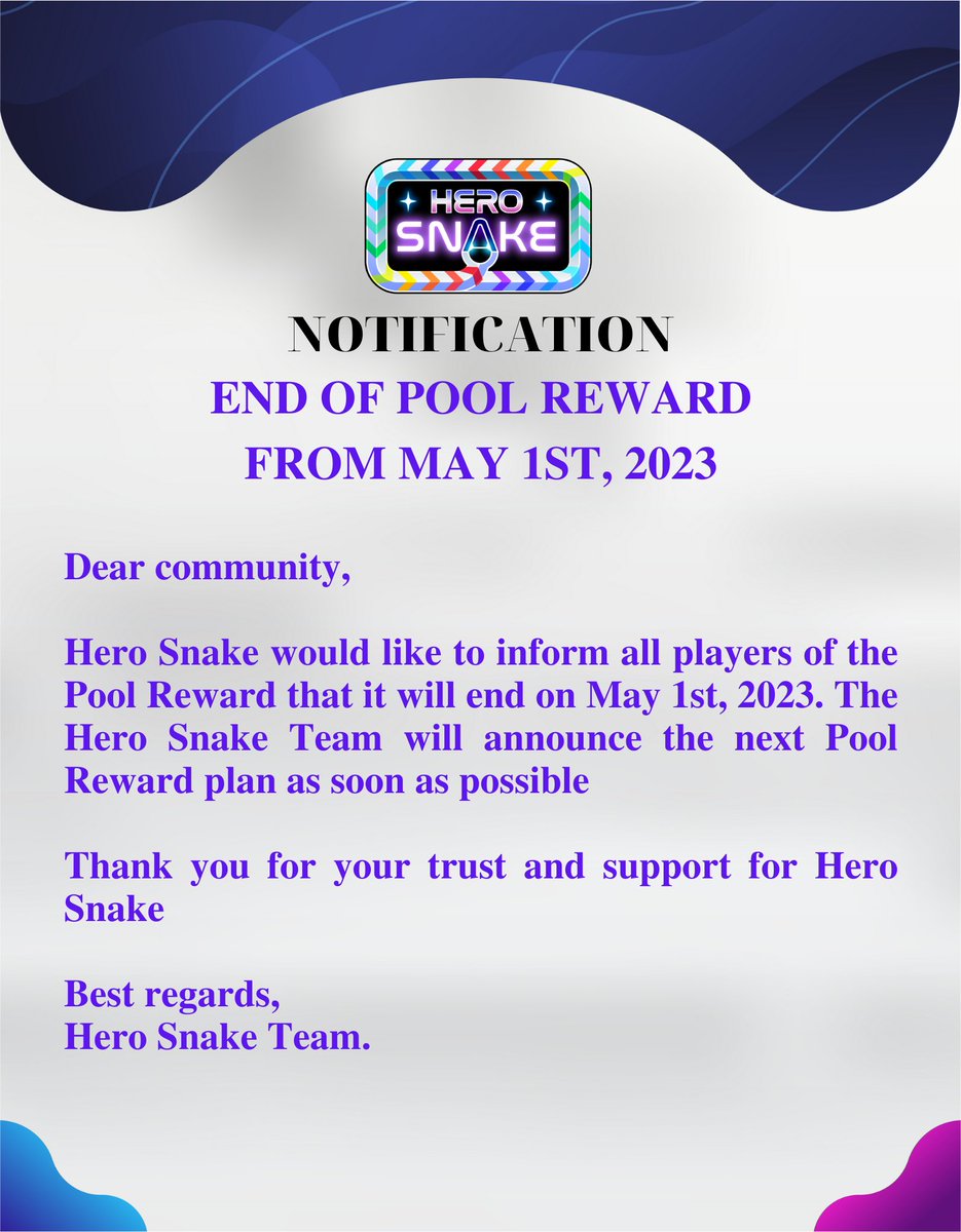 💥 NOTIFICATION 💥
⚡️ END OF POOL REWARD FROM MAY 1ST, 2023⚡️