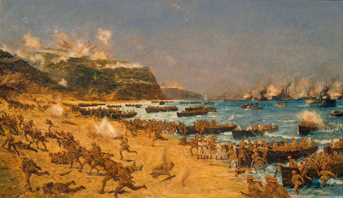 Today in 1915, the Allies land at Gallipoli. Their objective is to seize Constantinople and knock Turkey out of the war. Heavy resistance prevents the invaders from advancing inland. Up to 60,000 British, ANZAC, Indian & French soldiers die in the nine-month campaign that follows