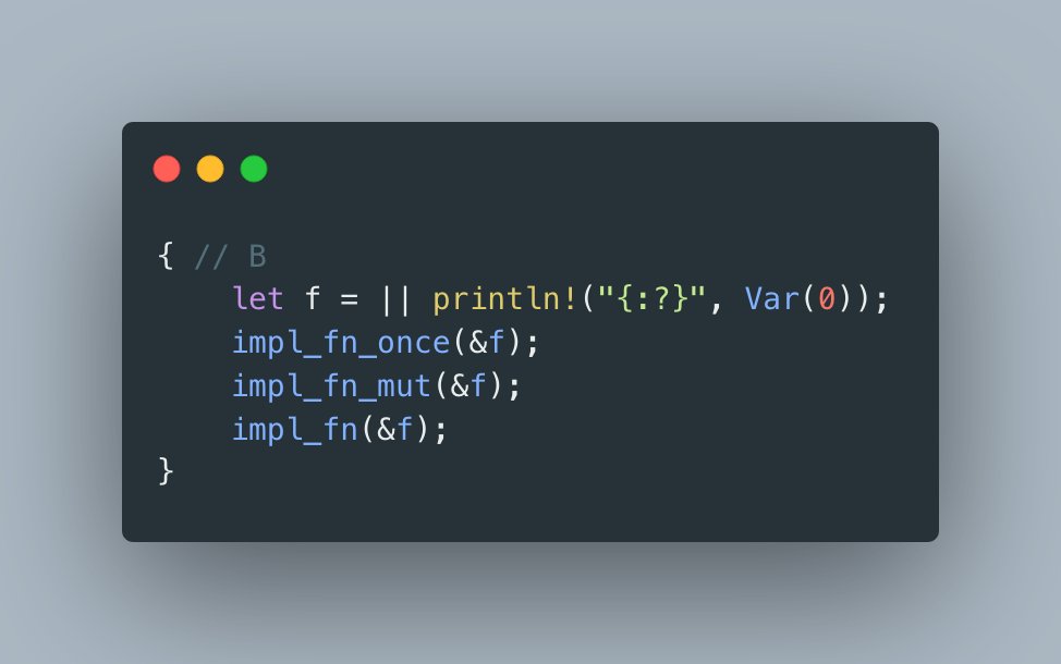 sudo_build's tweet photo. #RustProTip

Rule of thumb: the more a closure does with captured variables, the fewer traits it implements.

Only reads? Fn + FnMut + FnOnce. 
Mutates? FnMut + FnOnce. 
Moves? FnOnce.

Quiz: Which traits does `f` implement in each sample / Which lines cause compilation errors? https://t.co/vvFntNP3Wk