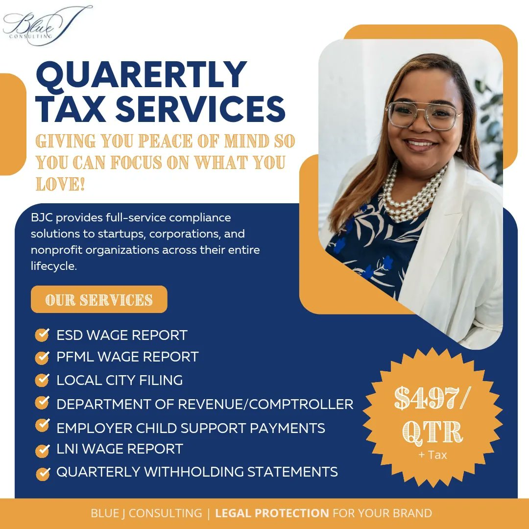 consultbluej's tweet photo. It's that time of year again! 📆
.
.
Q1 quarterly taxes are due on April 30th, so don't forget to file!!! ⏰️
.
.
Even if you don't have any revenue to report you, MUST file!!! 🤷🏽‍♀️
.
.
Need help with quarterly taxes and allow us to assist your business filing for only $497 + tax. https://t.co/4qqMBMT88d