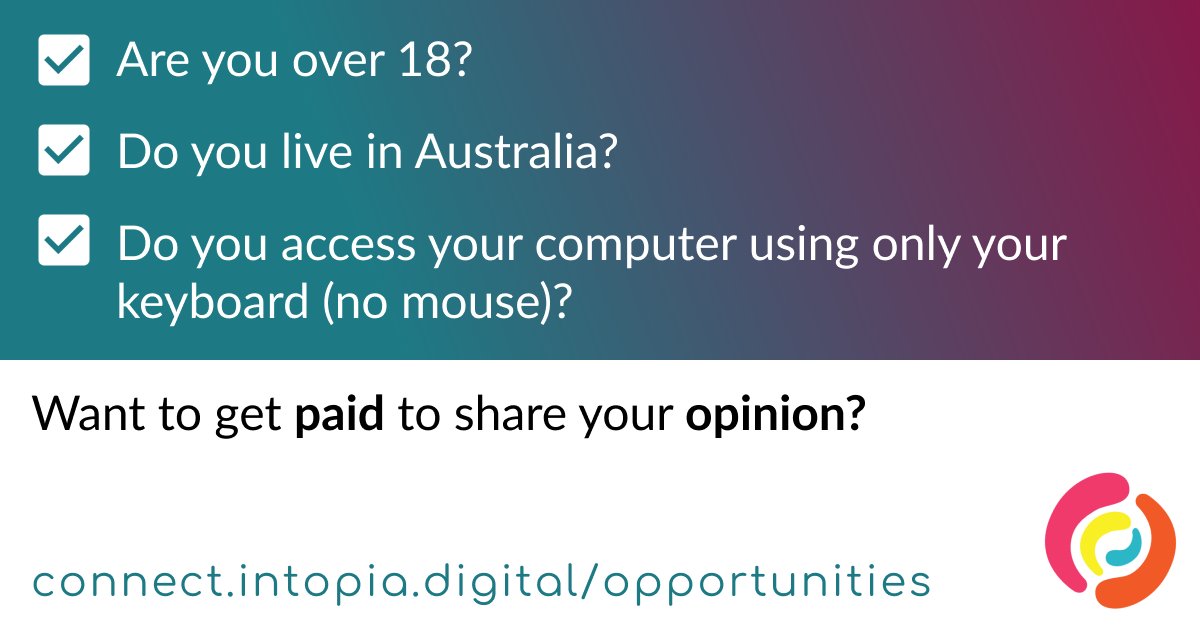 Are you based in Australia, access your computer using only your keyboard, and are available to take part in some paid user research in the third week of May? Limited spots available, more information is on our website: connect.intopia.digital/opportunities/ #a11y #UserResearch #accessibility