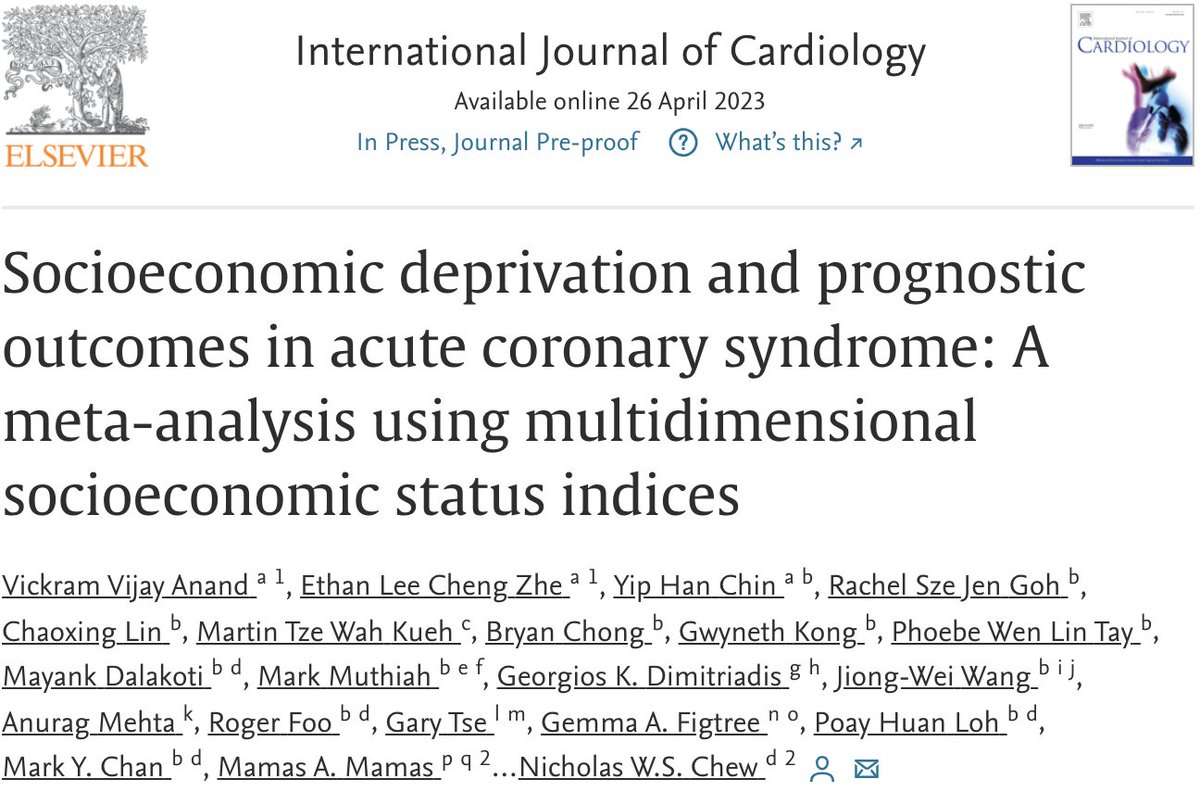 Nicholaswschew's tweet photo. ⚠️#Socioeconomic deprivation is an important prognosticator in #ACS. Low #SES patients are at risk of: 
1⃣Higher all-cause #mortality
2⃣Higher #stroke rates
3⃣Lower #revascularisation rates
4⃣Disparity is similar across geographical regions
🆕 @IJCardio https://t.co/vLQt8wCrKx https://t.co/bTzLCWH7Aa