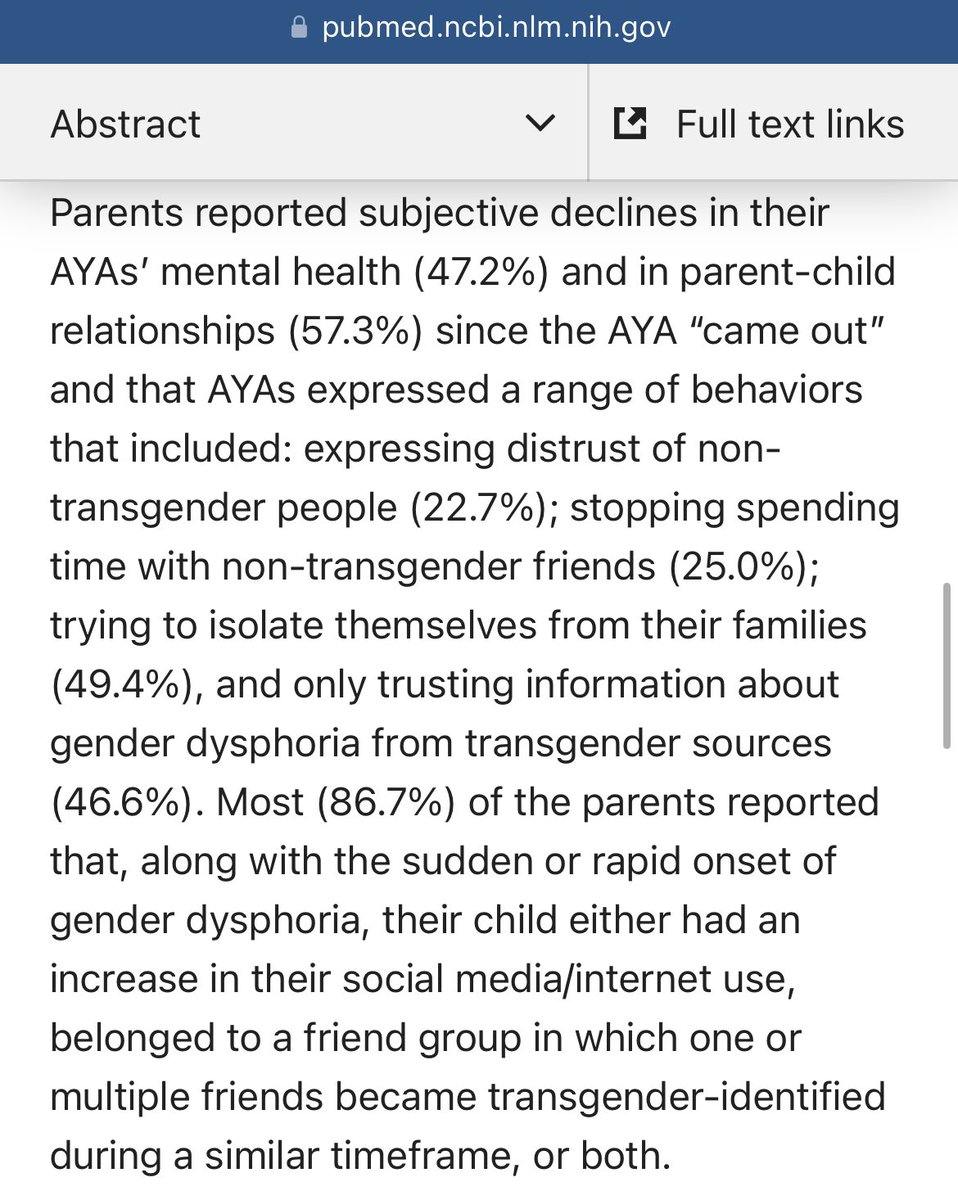 TRHLofficial's tweet photo. Here is a study of 256 parents of rapid onset gender dysphoric teens:

41% of the teens were gay 
62.5% were previously diagnosed mentally ill 
38.6% were required by their peer groups to be TQ
47.2% exhibited significant declines in their mental health afterward
22.7% isolated from their straight friends 
25% isolated from their family and
86.7% of the teens were either part of a TQ peer group or started spending increased time on social media.
