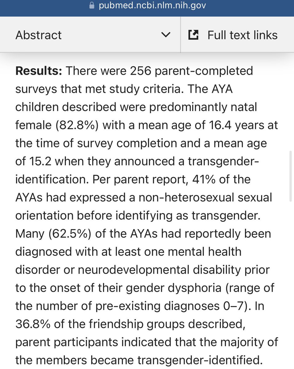 TRHLofficial's tweet photo. Here is a study of 256 parents of rapid onset gender dysphoric teens:

41% of the teens were gay 
62.5% were previously diagnosed mentally ill 
38.6% were required by their peer groups to be TQ
47.2% exhibited significant declines in their mental health afterward
22.7% isolated from their straight friends 
25% isolated from their family and
86.7% of the teens were either part of a TQ peer group or started spending increased time on social media.