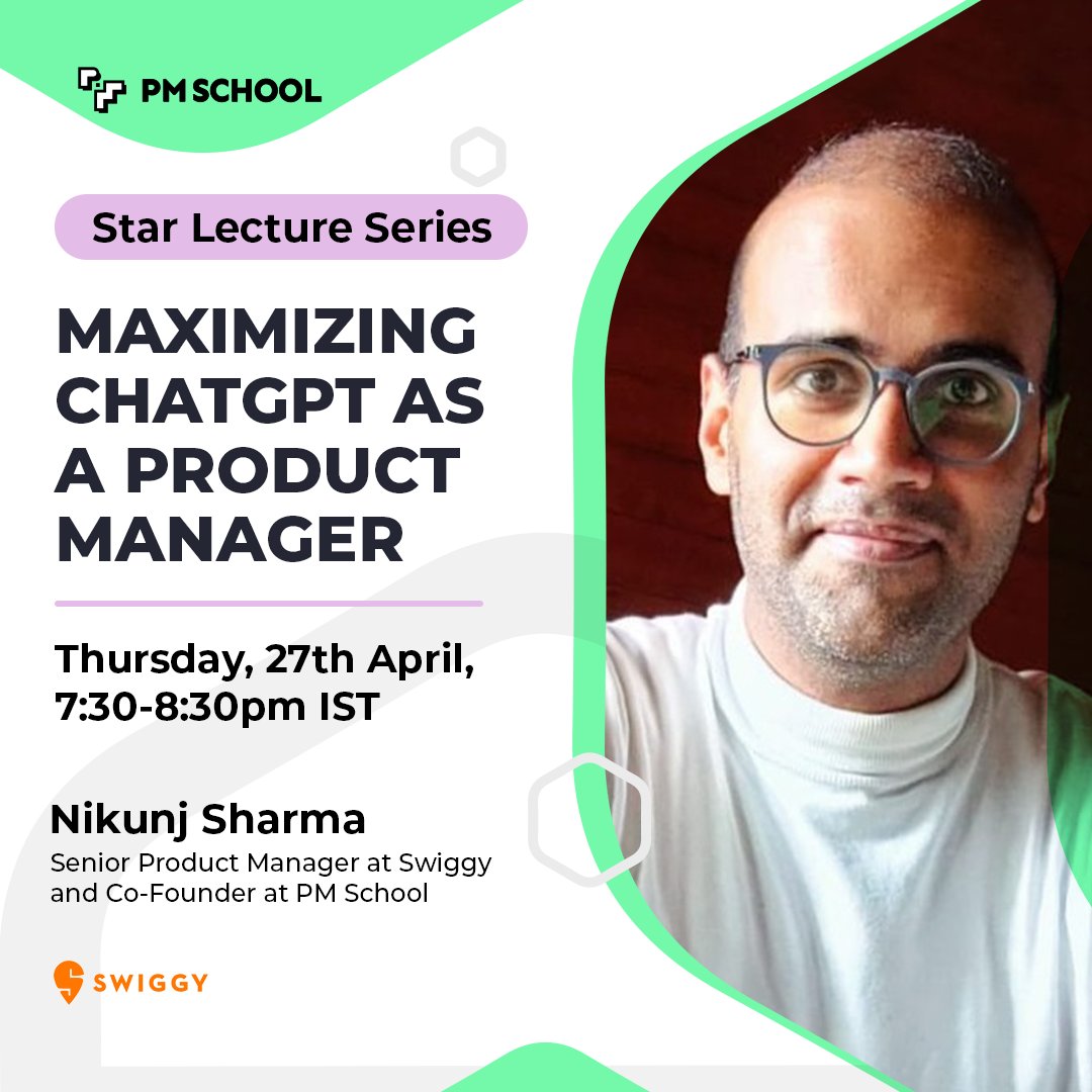 🙌 Star Lecture Series - Maximizing ChatGPT for Product Managers, Register for the Live Lecture Today 🙌

📅 27th APR | 07.30 PM IST (Thursday)

Please RSVP by completing your registration here 👇
lnkd.in/dNFUvBsK

#pmschool #productmanagement #innovation #ai