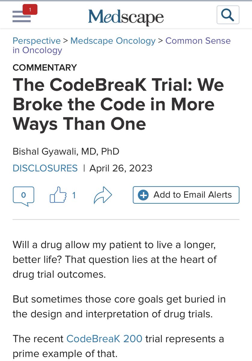 Published today <a href="/Medscape/">Medscape</a> an example of common sense in oncology. Codebreak trial is not practice changing! I explain why. medscape.com/viewarticle/99… <a href="/csoncol/">Common Sense Oncology</a>