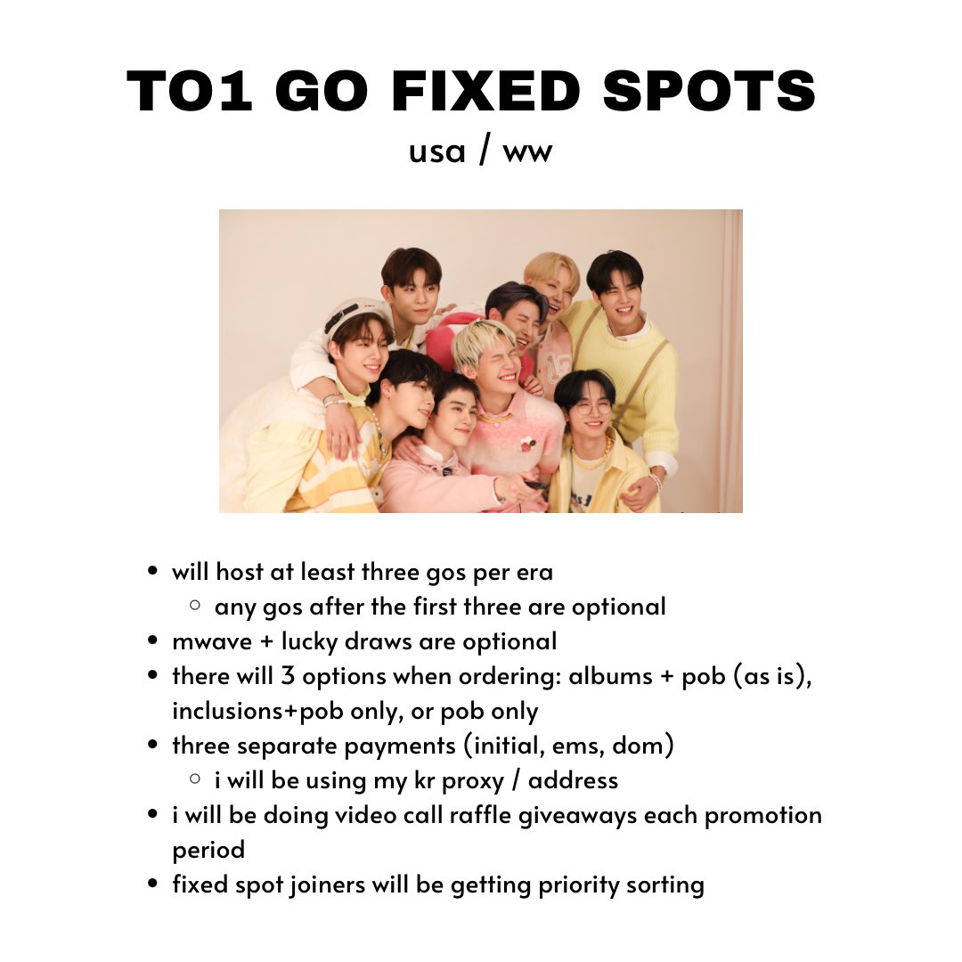 to1gos's tweet photo. to1 fixed spot claims!!

dm with a member to claim &amp; pls feel free to ask any questions <3 

starting off with 2 sets, will open more if needed 🫂 https://t.co/o9XrQIf8Dw