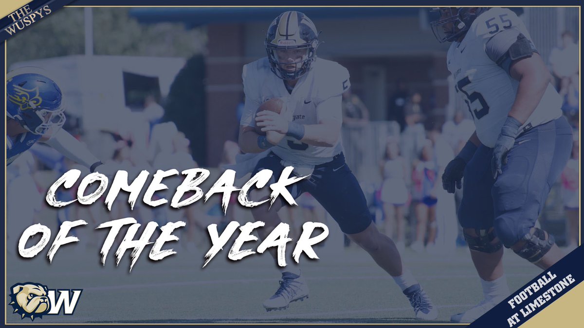 WU_Bulldogs's tweet photo. #WUSPYS Winner 

Comeback of the Year 

And the WUSPY goes to… 

@WingateFb erasing a 21-point 4th-quarter deficit at Limestone! 

#OneDog https://t.co/KvzOnK9UZp