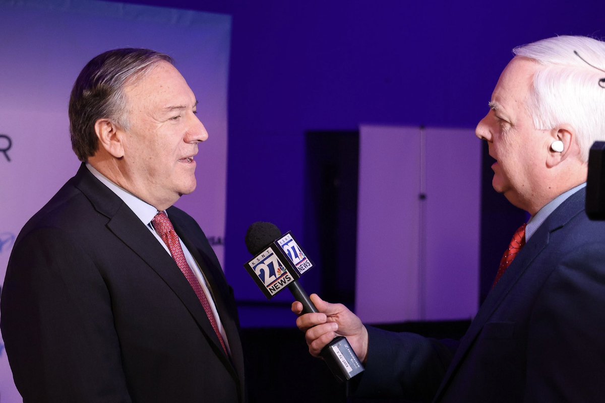 Chatting with Mike Pompeo during his visit for a Kansas Chamber event.