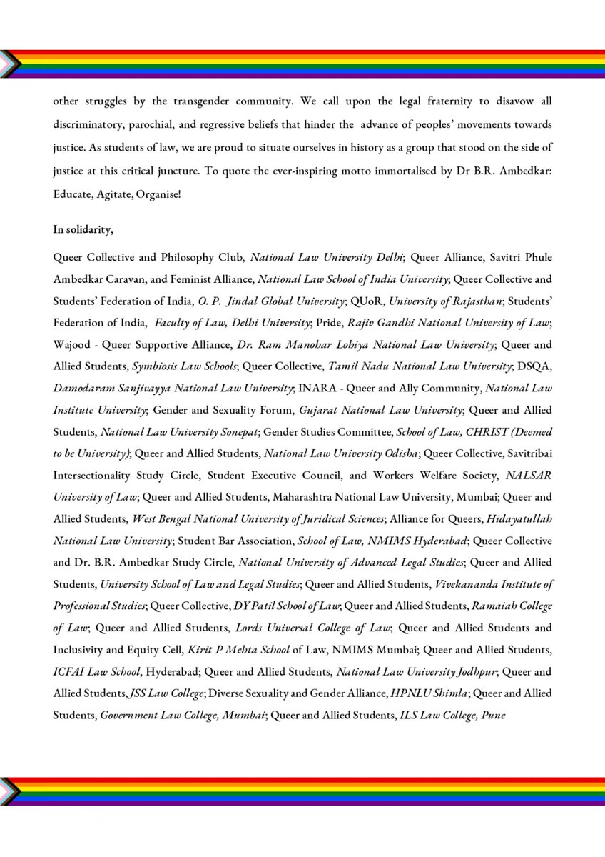 SFILawFaculty's tweet photo. SFI Law Faculty along with over 500 students from more than 30 Indian law schools stand in solidarity condemning the harmful and ignorant stand of the BCI against marriage equality.

#lawstudentsagainstbci https://t.co/FdDZKyVHzw