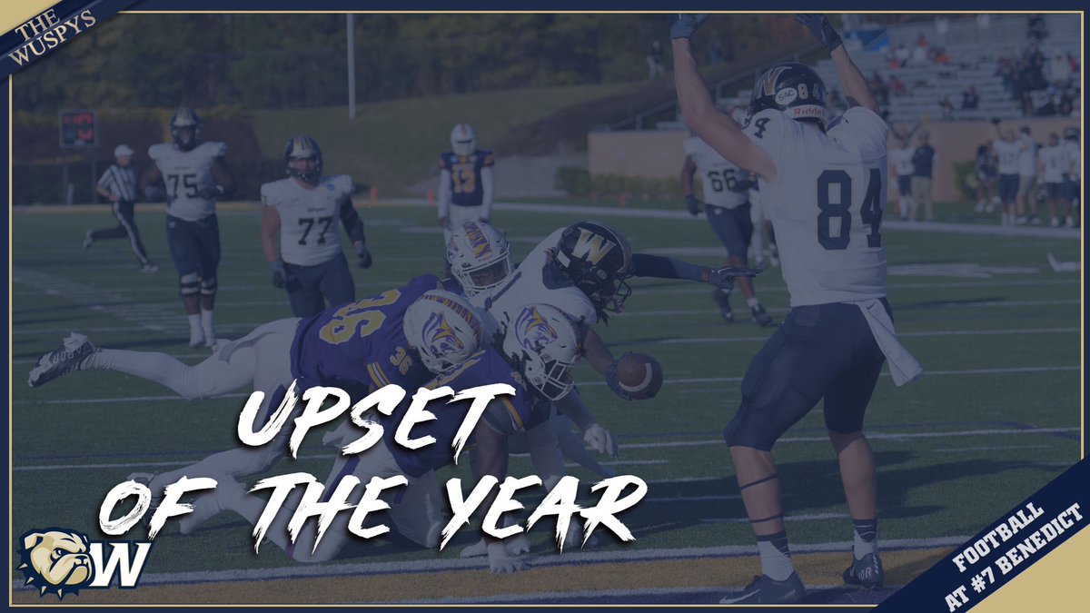 WU_Bulldogs's tweet photo. #WUSPYS Winner 

Upset of the Year

And the WUSPY goes to… 

@WingateFb’s 23-6 win at #7 Benedict in thenNCAA playoffs!

#OneDog https://t.co/uYMToO55uz