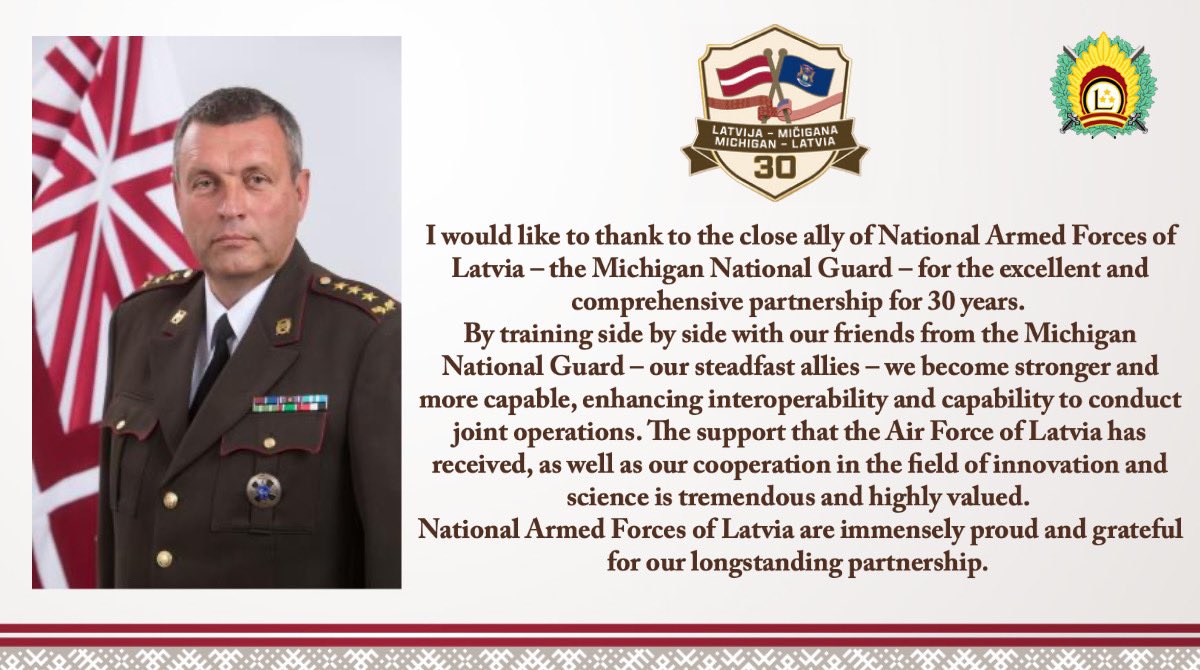 🇱🇻🇺🇸Today marks 30 years of excellent and very professional cooperation with the Michigan National Guard. Warmest congratulations for this momentous milestone! 
#Latvijasarmija #StrongerTogether #SPP #partnership #LVMI #Michigan #Latvia #WeAreAllies