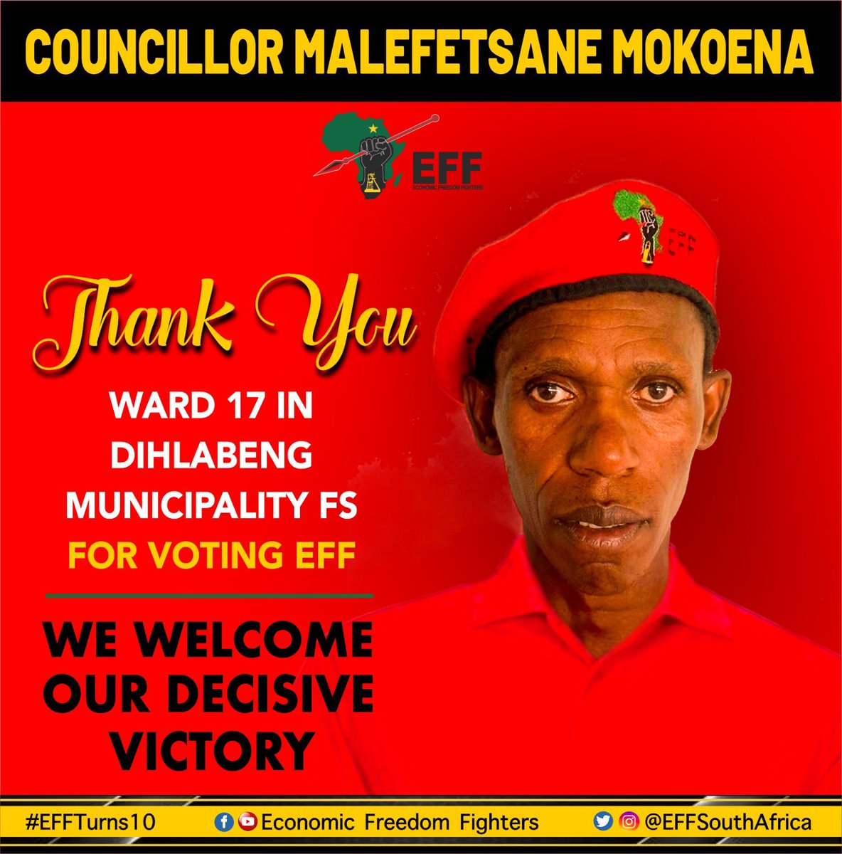 Thank you to the community in Ward 17, Dihlabeng Municipality, Free State for voting EFF. 

EFF Ward Councillor, Fighter Malefetsane Mokoe, will hit the ground running to ensure service delivery.

We welcome our decisive victory!

#RegisterRoVoteEFF … dial *134*20024# on your