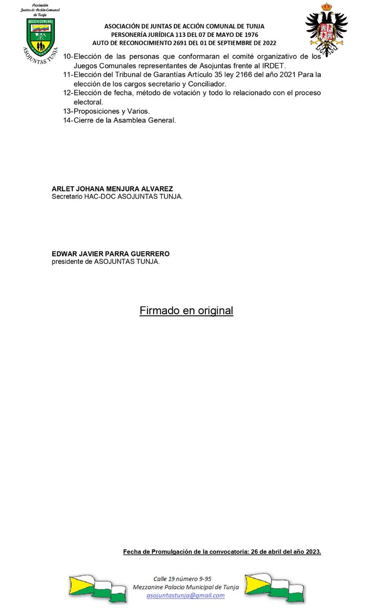 Recibe un cordial saludo desde la presidencia y la Junta Directiva de ASOJUNTAS TUNJA 📯

Tema: CITACION ASAMBLEA GENERAL DE AFILIADOS A LA ASOCIACIÓN DE JUNTAS DE ACCIÓN COMUNAL DE TUNJA.

Conforme lo establece la ley 2166 de 2021, se comunica la convocatoria a Asamblea General.