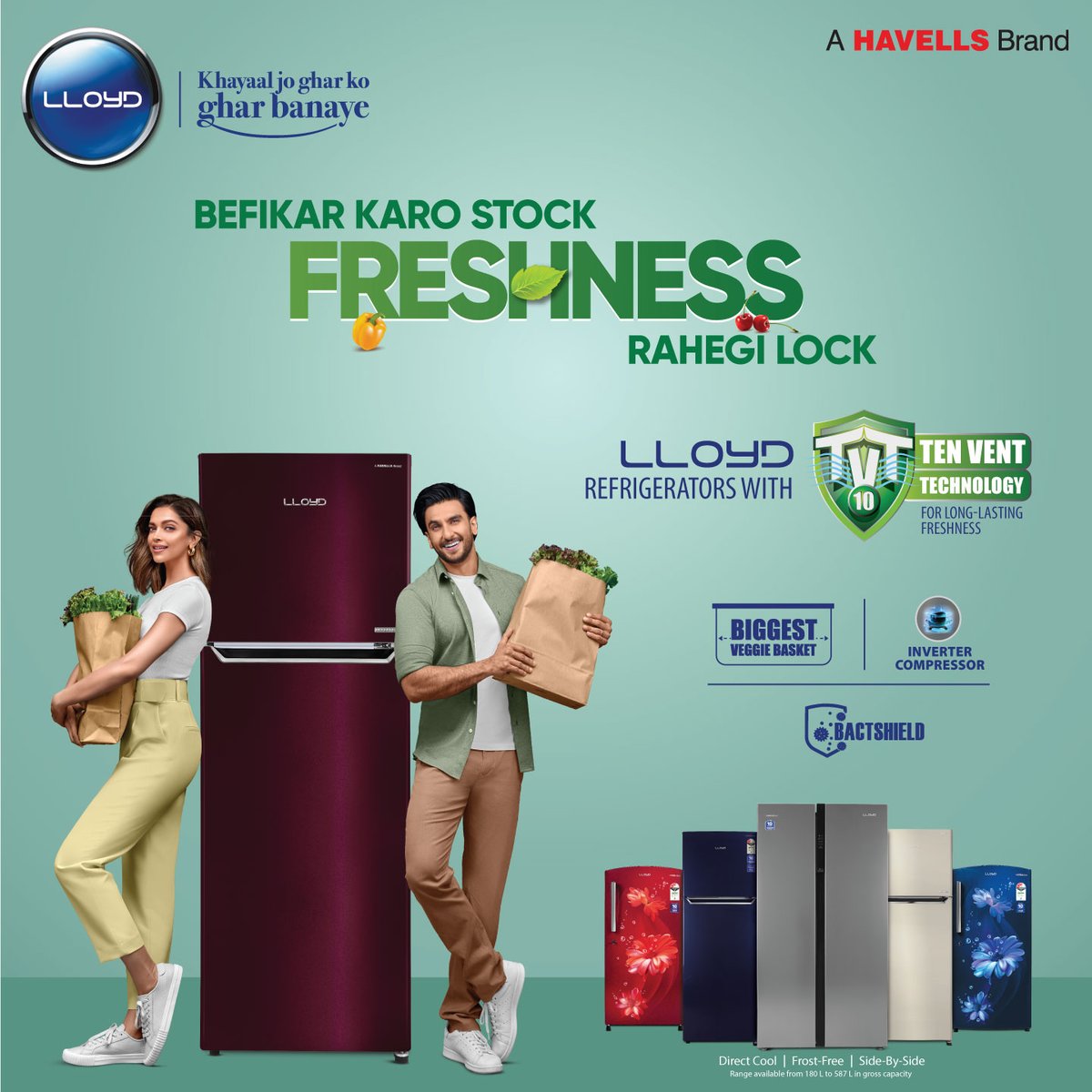 MyLloydIndia's tweet image. Keep your food fresh and packed with nutrients with #Lloyd Refrigerator&apos;s Ten Vent Technology- just like your favorite couple Ranveer Singh &amp;amp; Deepika Padukone!

Buy now - bitly.ws/DrUe

#KhayaalJoGharKoGharBanaye #LloydRefrigerator #BefikarKaroStock #FreshnessRahegiLock