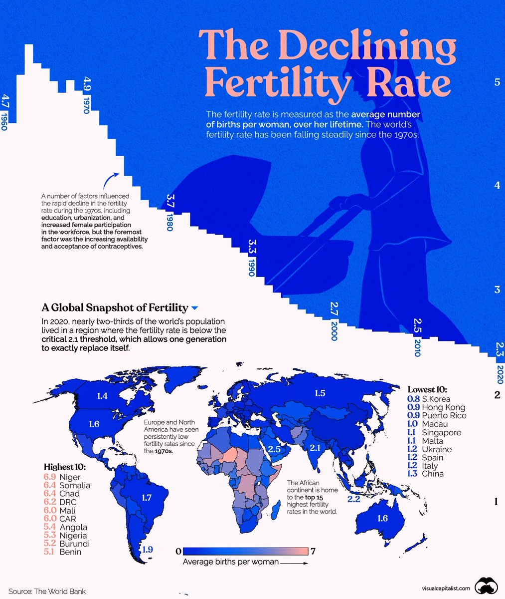 Visualizing the World’s Plummeting Fertility Rate 📉

visualcapitalist.com/worlds-plummet…
